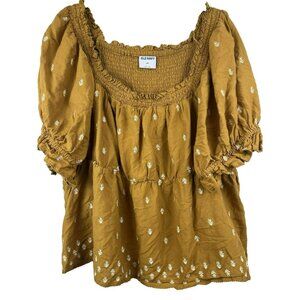 Old Navy Women's Top 2X Babydoll Smocked Embroidery Bohemian Gold Puffy Sleeve